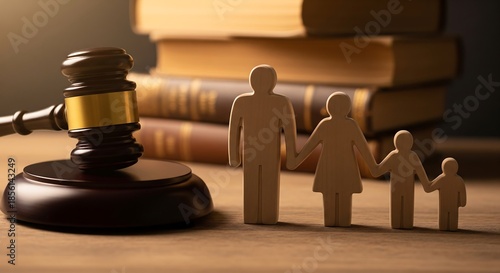 Family standing together before a judge's gavel and legal books