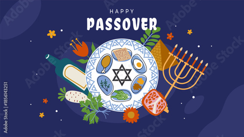 Passover, Pesach holiday vector design. Greeting card or banner with traditional Jewish icons and spring elements. Festive   lettering for seasonal decoration and celebration materials.