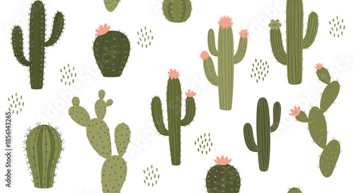 Trendy seamless pattern of various green cacti with delicate pink flowers, a stylish desert-inspired botanical background for modern decor.