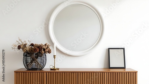Wooden sideboard with mirror and vase round mirror