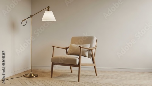 Beige chair with floor lamp wooden chair white pillow