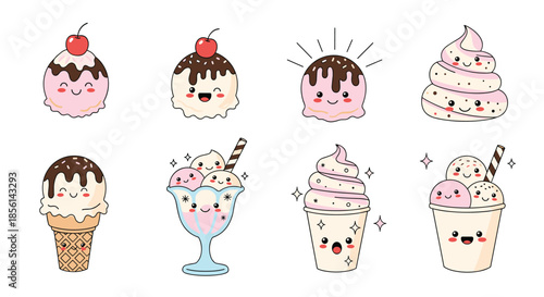 Sweet assortment of cute kawaii ice cream characters with happy faces, including cones, sundaes, and scoops with various tasty toppings.