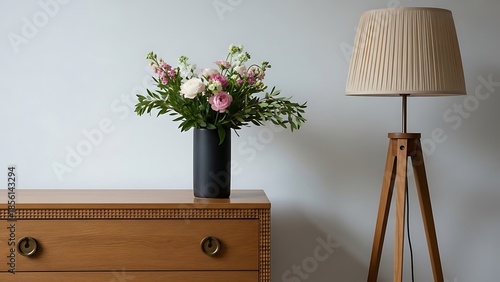 Wooden dresser with flowers and lamp black vase colorful flowers