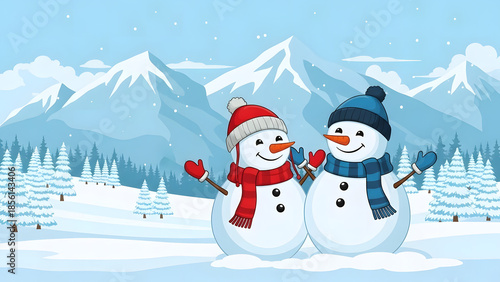 Two snowmen wearing hats and scarves and smiling in a winter landscape with a mountain range with snow-covered trees.
