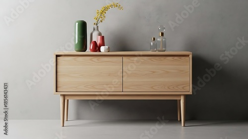 Light wood sideboard with vases and bottles on yellow flowers