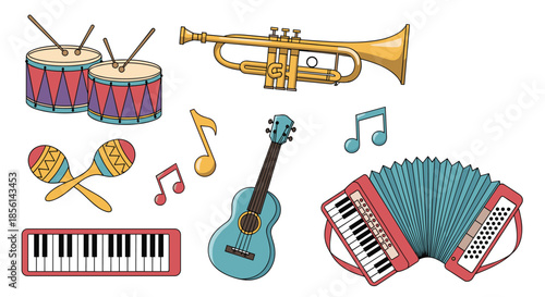 Extensive collection of various musical instruments including drums, trumpet, maracas, guitar, accordion, and a small red keyboard.