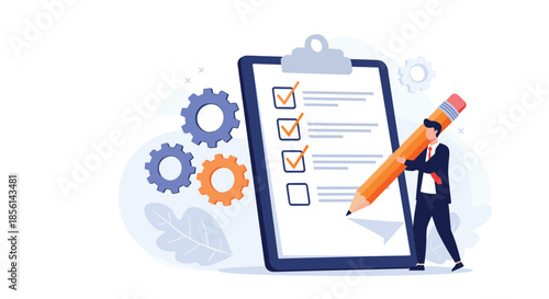 Business professional checking off a task list on a giant clipboard with mechanical gears representing process.