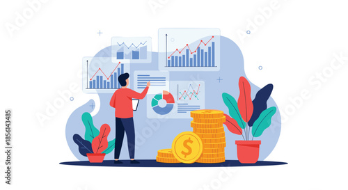 Financial analyst reviewing market trends and data charts next to stacks of gold coins and lush decorative plants.
