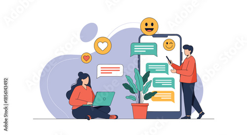 Couple communicating through various social media platforms using mobile devices and a modern laptop computer.