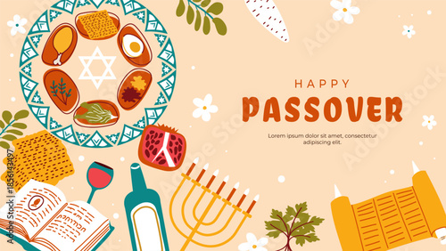 Passover, Pesach  cute festive banner. Traditional seder plate, matzo, wine and spring holiday symbols in a clean vector style. Perfect for greeting cards, invitations and holiday decoration.