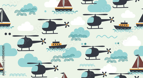 Childish seamless pattern featuring transport vehicles like helicopters and sailboats among soft blue clouds.
