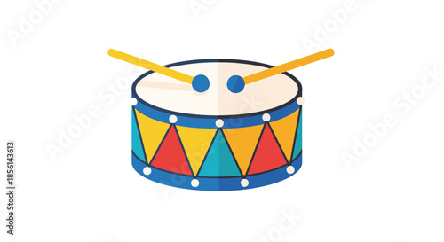 Colorful toy snare drum with two yellow drumsticks shown in a clean flat illustration style on white background.