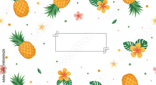Tropical border frame surrounded by a seamless pattern of ripe pineapples and colorful exotic hibiscus flowers.