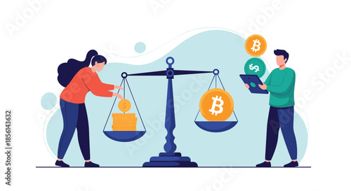 Man and woman using a traditional balance scale to compare the value of gold coins with a large Bitcoin symbol.