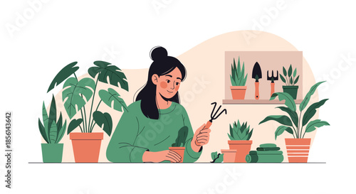 Cheerful woman enjoying her hobby of indoor gardening while repotting green plants at a wooden workspace table.