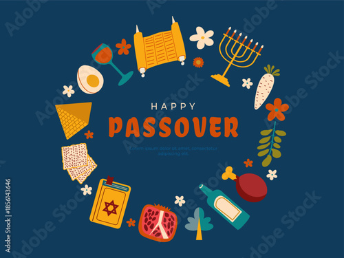 Happy Passover ,Pesach vector illustration with wine, matzah and traditional holiday symbols. Flat hand drawn style perfect for web banners, landing pages, greeting cards and spring festive templates.