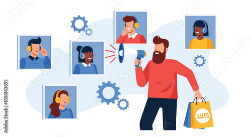 Marketing manager with a megaphone shouting about sales to a remote team of customer support agents in bubbles.