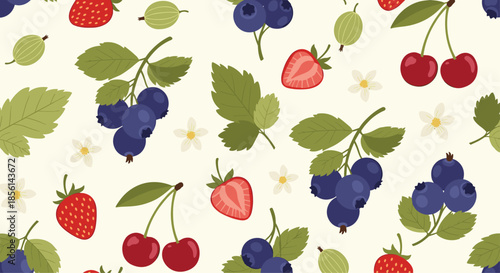 Delicious seamless pattern featuring an assortment of fresh forest berries like strawberries and red cherries.