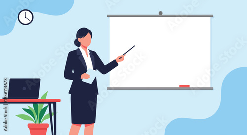 Professional woman in a business suit giving a presentation using a pointer and a blank whiteboard screen.