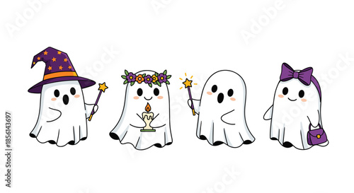 Set of four cute little ghosts dressed up in festive costumes for a friendly and fun Halloween celebration.