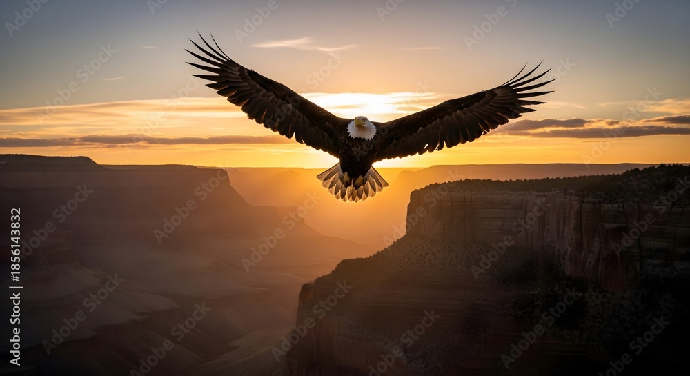 Naklejka premium Majestic bald eagle in powerful flight, wings wide, soaring over vast sun-drenched canyon cliffs during a stunning golden sunset, embodying natural freedom and wild beauty