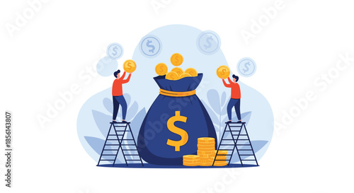 Financial workers standing on ladders and pouring gold coins into a large money bag with a dollar sign on its blue surface.