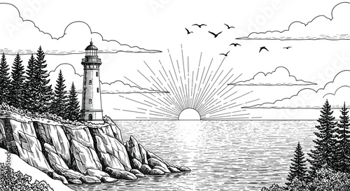 Vintage engraving style illustration of a lighthouse on a rocky cliff during a scenic sunrise over the ocean.