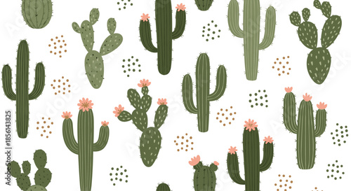 Seamless pattern design featuring various types of green cacti with pink flowers and decorative brown and black dots.
