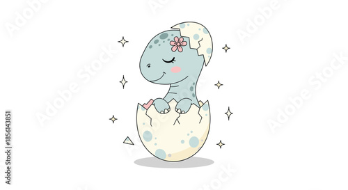 Adorable baby dinosaur with a pink flower on its head hatching from a spotted egg surrounded by shining twinkling stars.