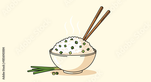 Steaming bowl of white cooked rice topped with chopped green onions and served with a pair of long wooden chopsticks.