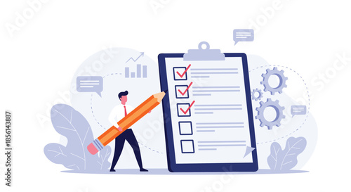 Motivated office worker holding a giant orange pencil and marking completed tasks on a large clipboard checklist with gears.