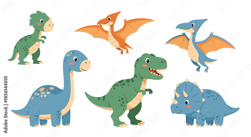 Fototapeta premium Collection of various colorful cartoon dinosaur characters including a t-rex, brachiosaurus, triceratops, and pterodactyls.