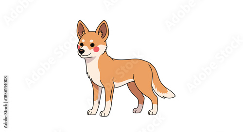Standing shiba inu dog illustration with its characteristic ginger coat, white markings, and friendly facial expression.