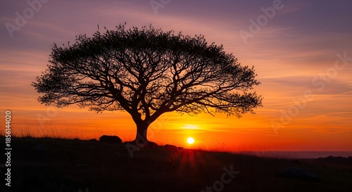 Dramatic Sunset Silhouetting a Majestic Lone Tree on the Horizon, Painting the Sky with Vibrant Hues of Orange and Yellow, Evoking a Sense of Peace and Natural Grandeur at Dusk