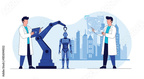 Two scientists in white lab coats using advanced technology and robotic arms to build an android in a futuristic city lab.
