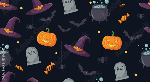 Spooky halloween seamless pattern with pumpkins, witch hats, bats, gravestones, magic cauldrons, spiders, and sweet candies.