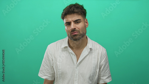 Tableau sur toile Man in white linen shirt scowls with furrowed brow and tightened jaw in bright green studio set; annoyance