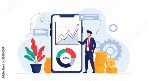 Corporate businessman standing next to a large smartphone and presenting financial growth charts and a pie graph to viewers.