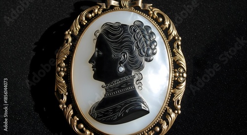 Vintage cameo pendant featuring an elegant woman's black silhouette on shimmering mother-of-pearl, framed in ornate gold, showcasing historical jewelry artistry