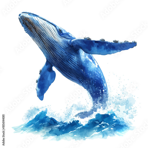 Whale Breaching Powerfully, watercolor clipart vector, isolated on a white background.
