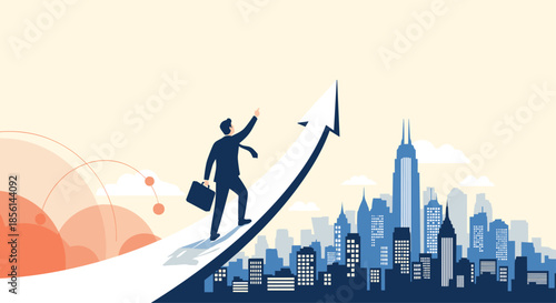Ambitious businessman carrying a briefcase and walking up a massive white rising arrow towards a modern city skyline.