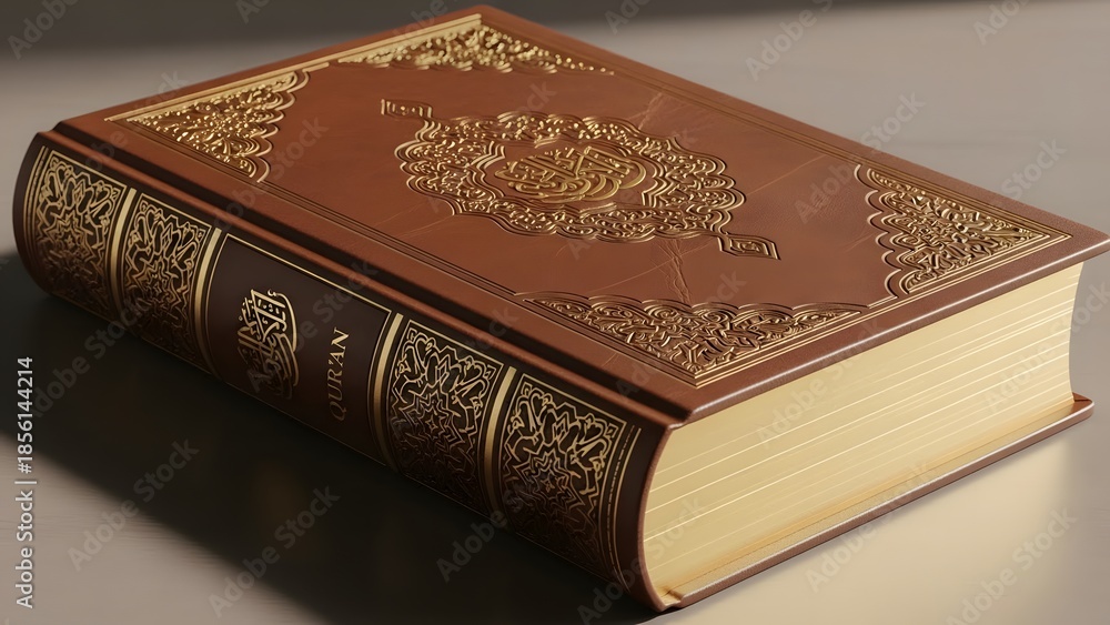 Fototapeta premium Vintage leather bound book with gold embossing and ornate details, Ramadan Theme 