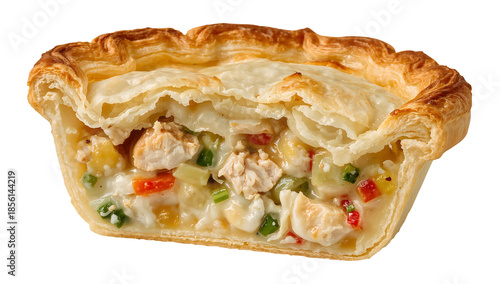 Golden chicken pot pie slice with flaky pastry and creamy vegetable filling on the transparent background