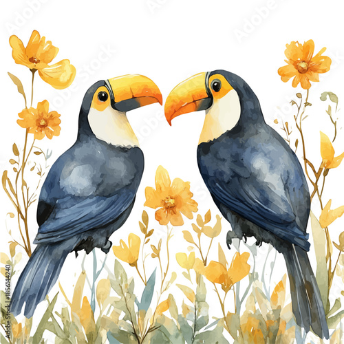 Two Toucans Sitting, watercolor painting vector, isolated on a white background.