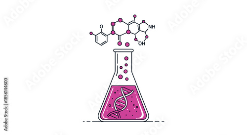 Scientific illustration of a chemical reaction in a laboratory flask containing a DNA helix, with a complex molecule formula above.