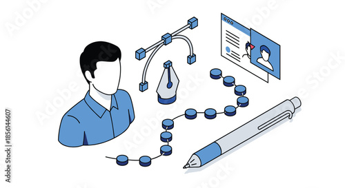 Isometric illustration representing graphic design and digital art, with a designer's avatar, pen tool, and bezier curve.