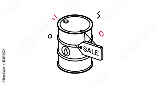 Isometric line art icon of a barrel of oil with a 'sale' tag, representing a discount or drop in petroleum and fuel prices.
