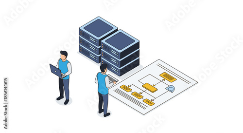Isometric illustration of IT specialists working with server racks and a large flowchart, representing data management and system administration.