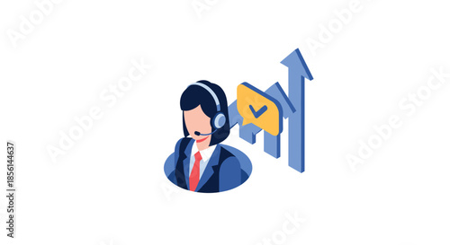 Isometric icon of a female customer service representative with a headset, with a growth chart and checkmark in the background.