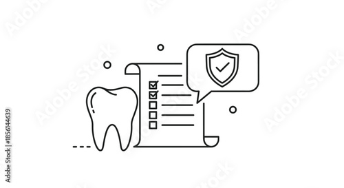 Dental insurance and care concept shown with a minimalist line art icon of a tooth next to a checklist and a protection shield.